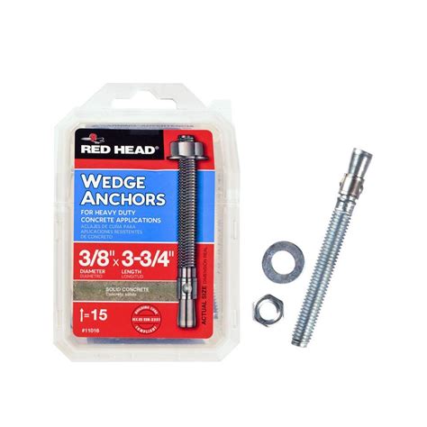 Redhead wedge anchor - Red Head Wedge anchors are heavy-duty anchors designed for fastening into solid concrete. Ideal for attaching 2x4s, sill plates and electrical equipment. Also good for attaching structural supports to concrete, tilt-up construction, highway rails and posts, electrical, HVAC and plumbing systems, metal doors and window frames.